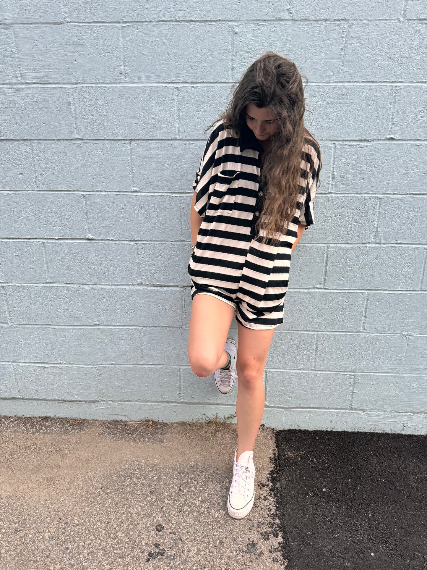 romping around striped romper