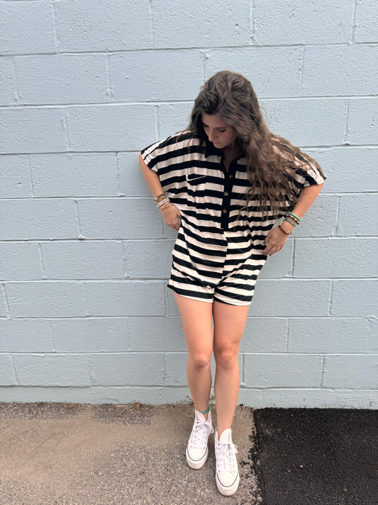 romping around striped romper