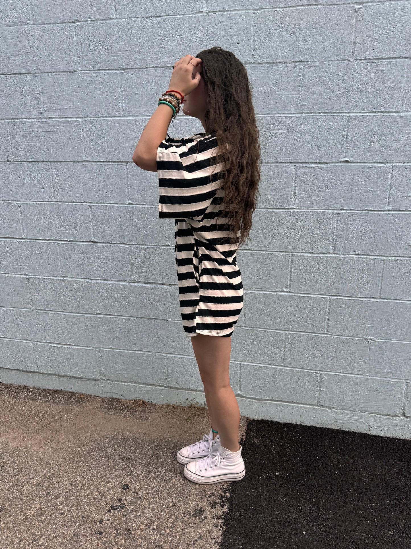 romping around striped romper